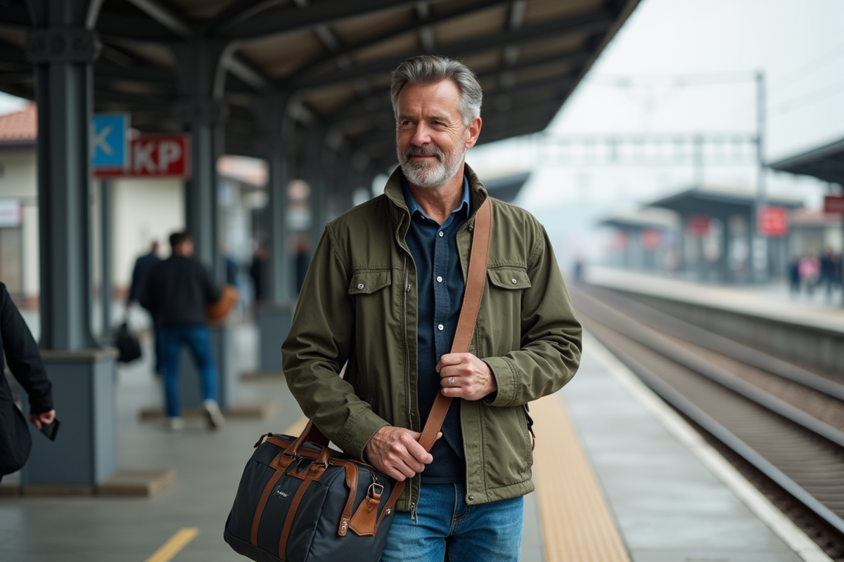 Homme vérifie son sac de voyage sur une plateforme de gare