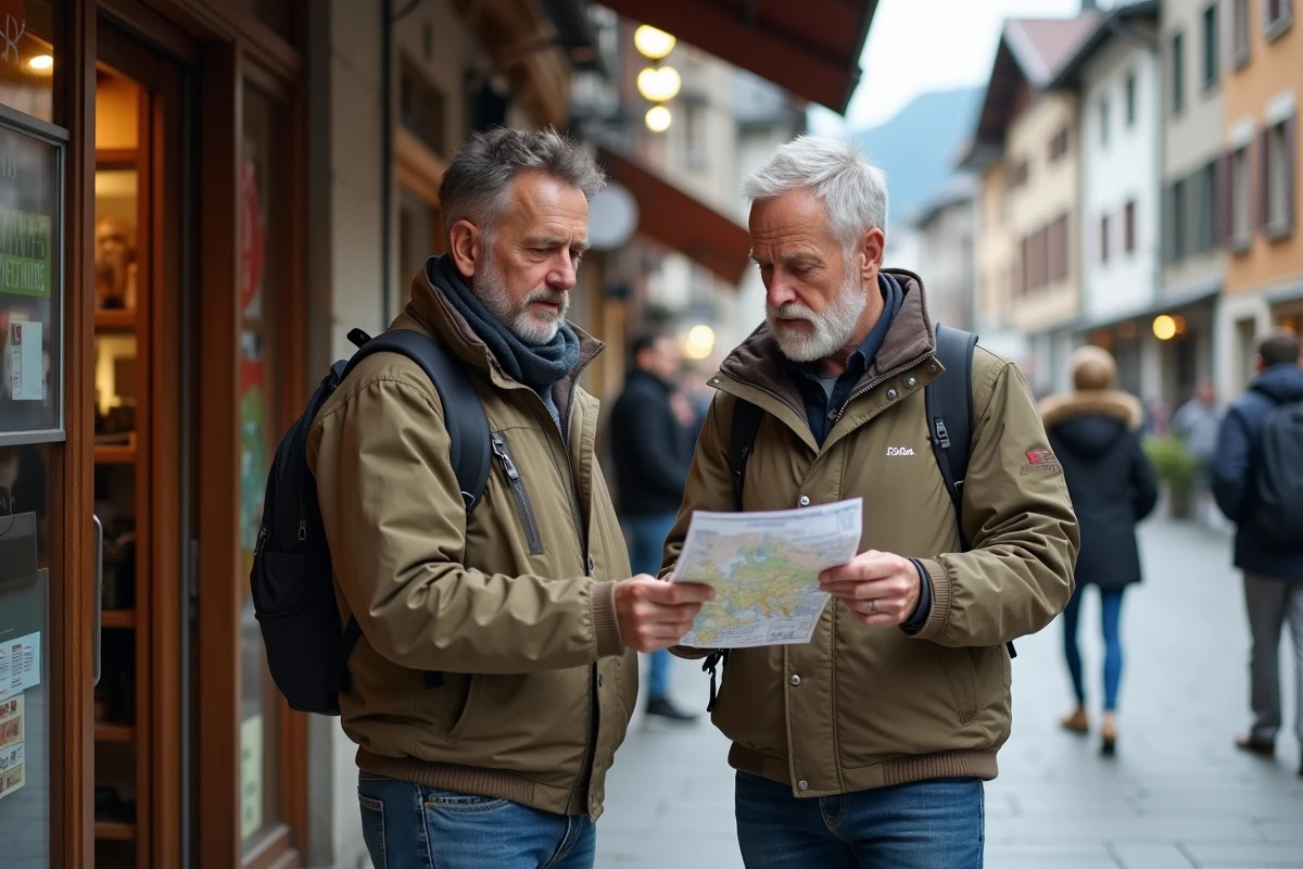 Deux hommes regardant une carte devant une boutique &agrave; Pas de la Case
