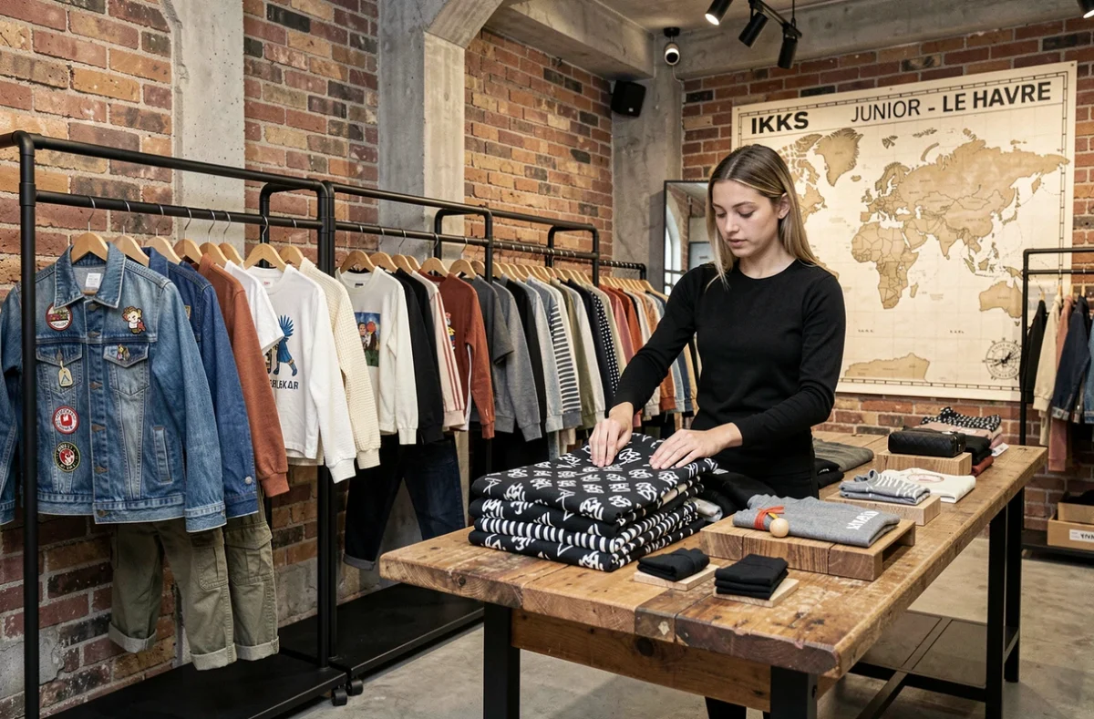 Intérieur tendance de la boutique IKKS Junior au Havre, avec des vêtements mode pour enfants et ados sur des portants industriels noirs et une vendeuse qui plie soigneusement des sweatshirts