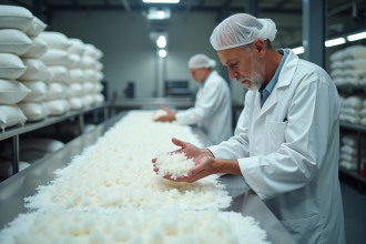 Ouvrier inspectant des plumes blanches dans une usine