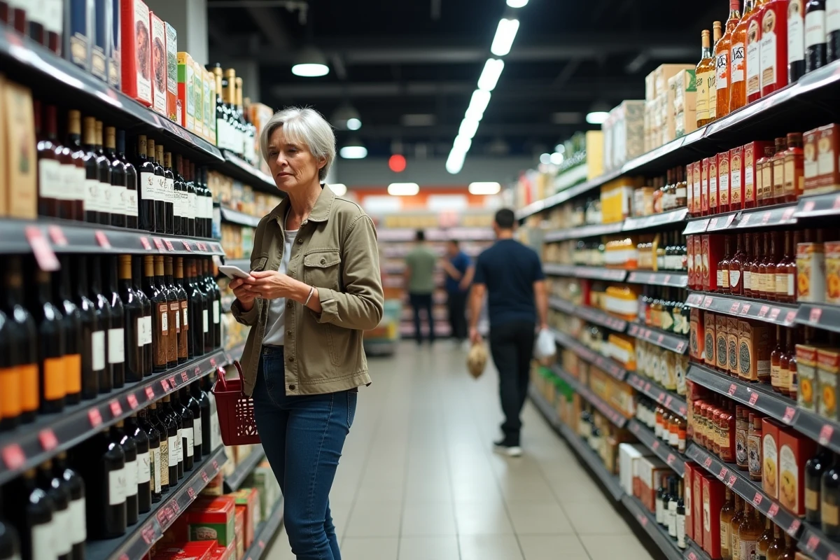 Allées intérieures du magasin Dancharia avec rayons de vins, spiritueux et produits régionaux