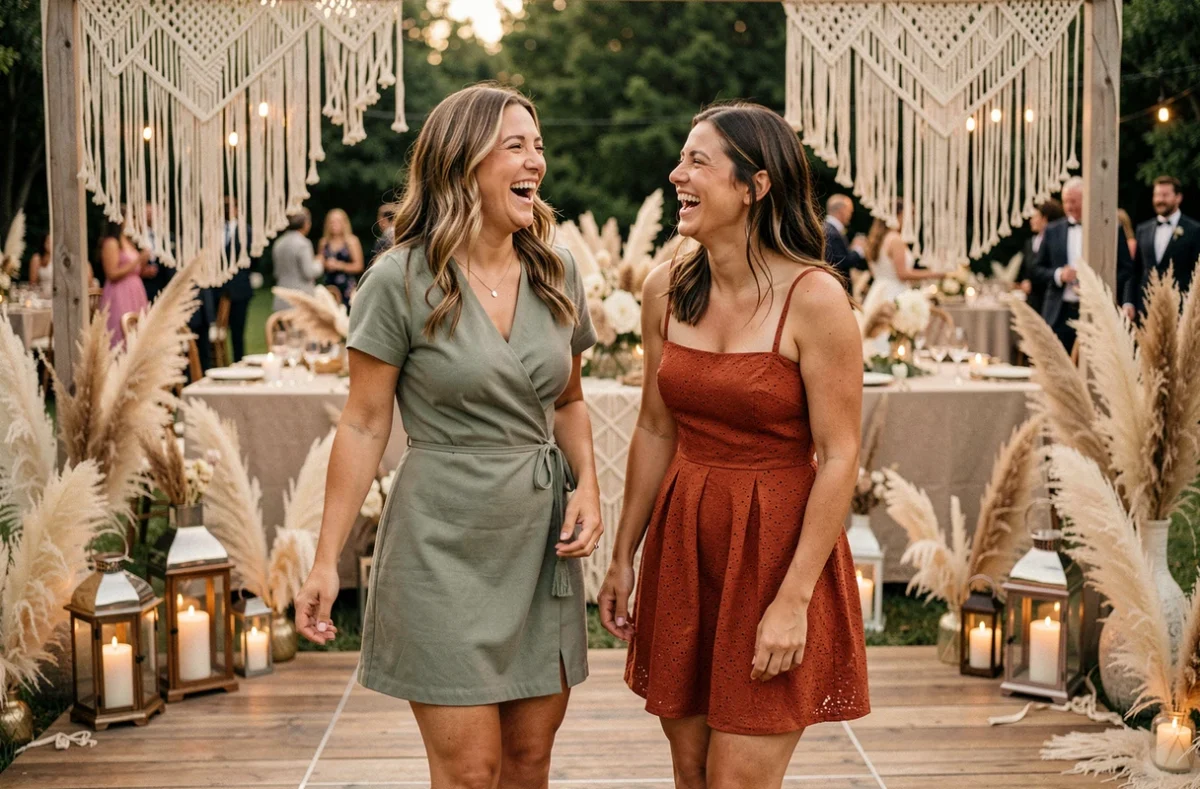 Deux invitées portant des robes courtes bohèmes lors d'une réception de mariage en plein air avec décoration bohème