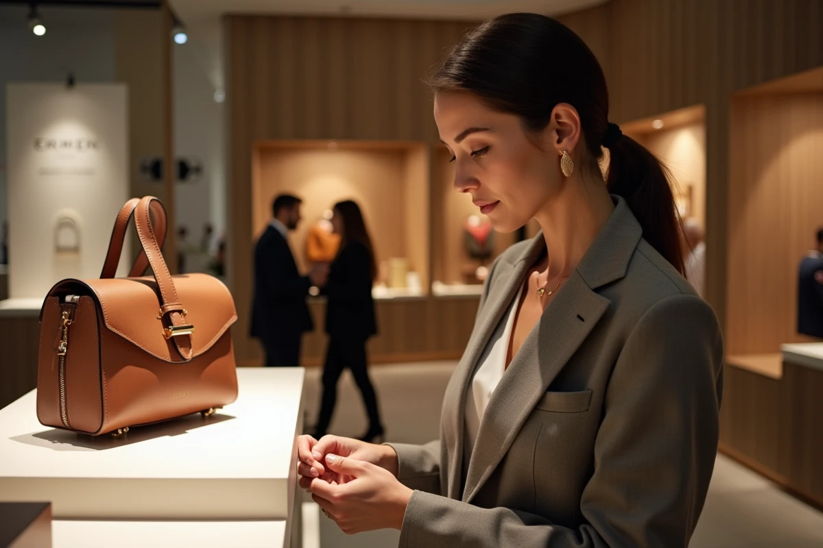 Professionnelle du luxe découvrant un sac artisanal haut de gamme lors du salon Its Luxe Time