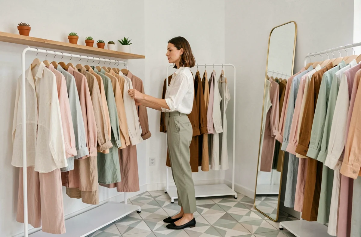 Boutique féminine moderne Jade et Lisa à Rouen, avec des vêtements tendance en tons pastel sur des portants minimalistes et une cliente en train de parcourir une sélection de blouses en lin