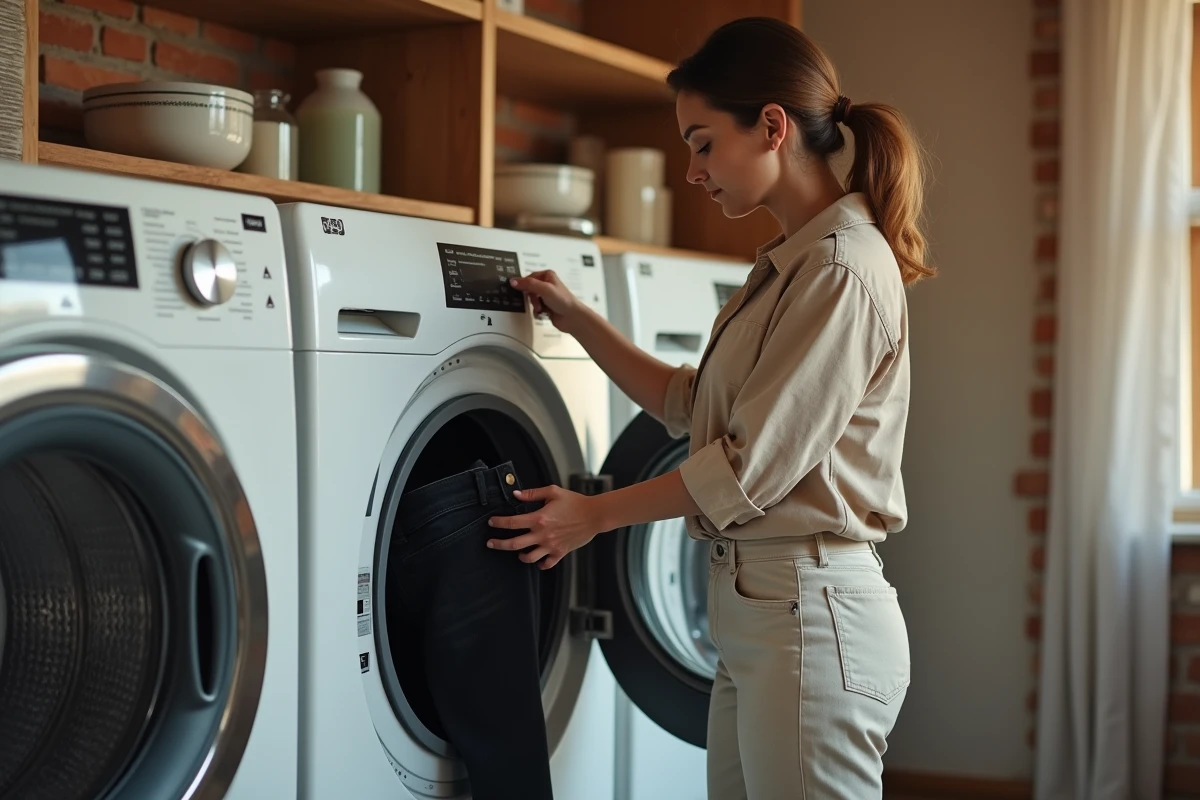 Femme mettant un jean noir dans le sèche-linge pour rétrécir la taille du pantalon