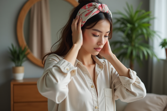 Jeune femme en blouse en lin ajustant un bandeau coloré