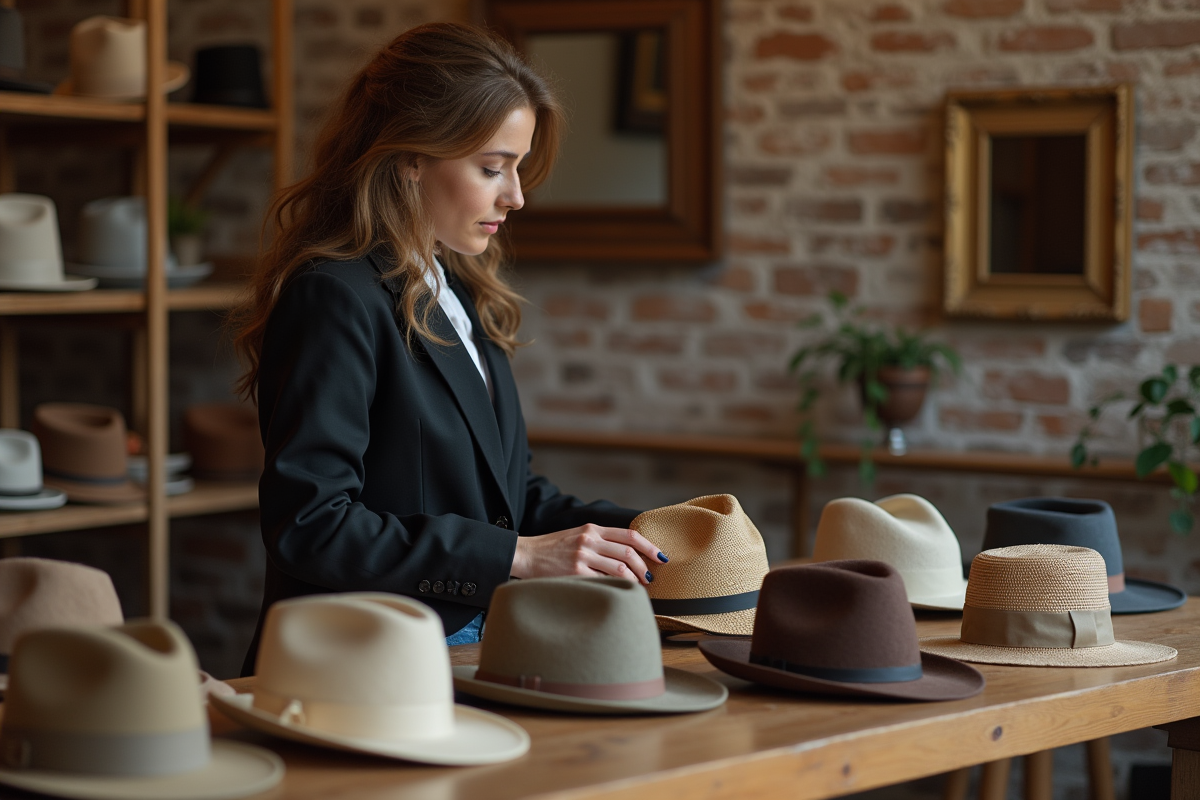 Jeune femme examinant des chapeaux dans une boutique