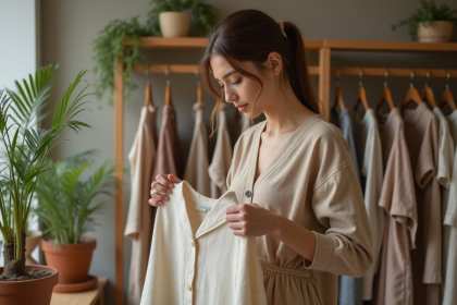 Jeune femme examine un v&ecirc;tement en boutique &eacute;thique mode
