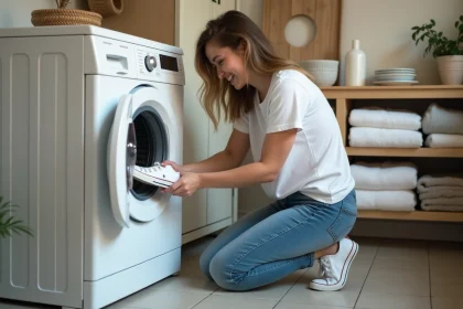 Jeune femme en blanc et jeans lave des sneakers dans la buanderie