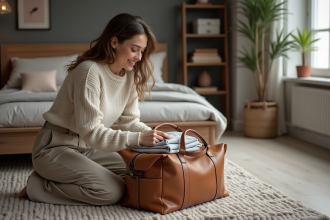 Jeune femme organise ses vêtements dans un sac weekend dans un appartement