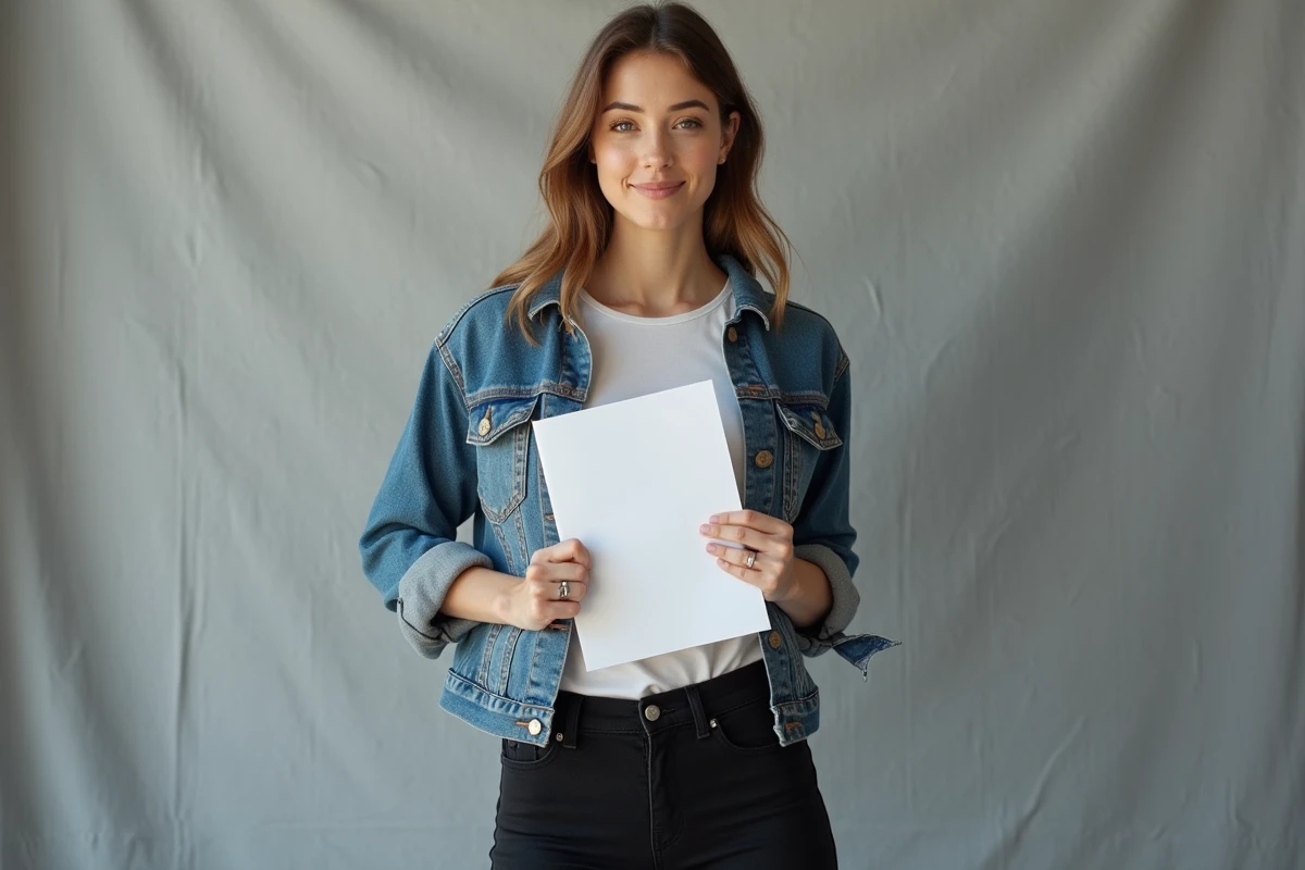 Jeune femme confiante avec portfolio devant fond gris