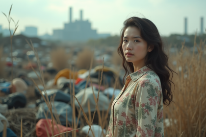 Jeune femme dans un site de décharge textile polluée