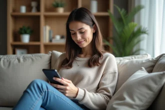 Jeune femme concentrée sur son smartphone dans un salon cosy