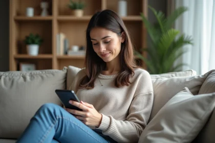 Jeune femme concentrée sur son smartphone dans un salon cosy