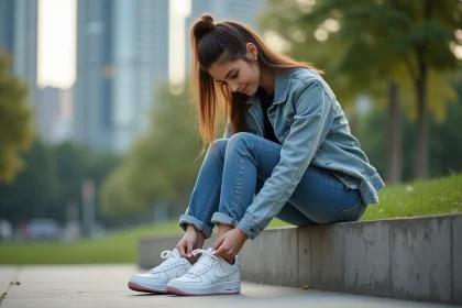 Jeune femme en streetwear nouant ses sneakers limitées