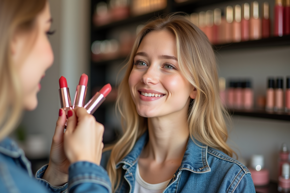 Jeune femme comparant différentes teintes de rouge à lèvres en boutique
