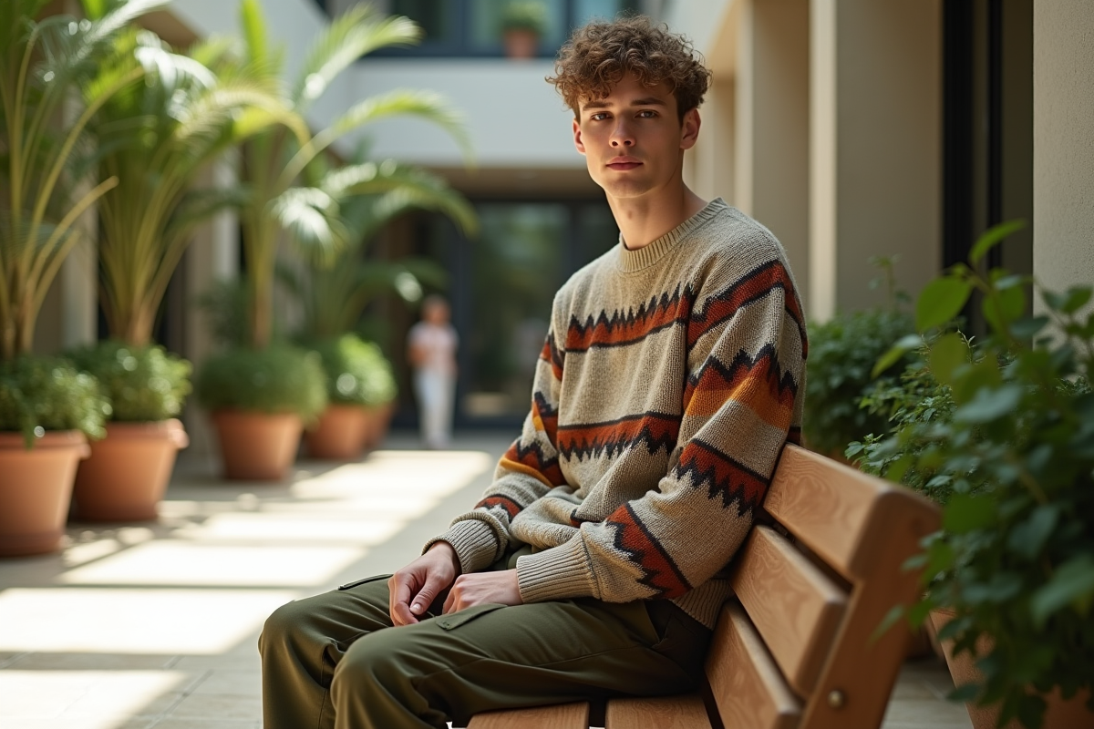 Jeune homme en pull géométrique dans un atrium lumineux