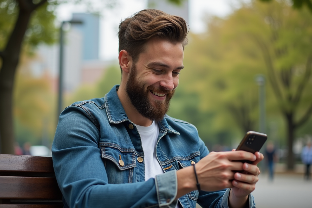 Jeune homme souriant avec barbe en ville sur un banc