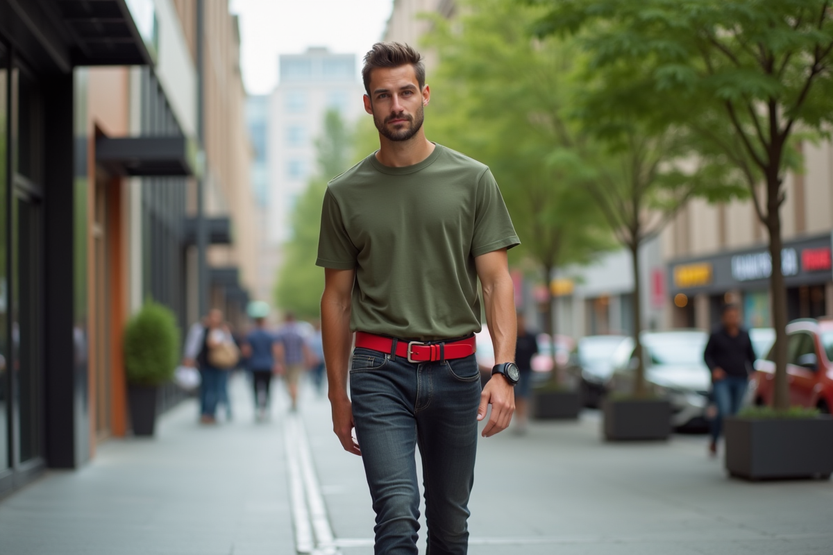 Jeune homme en street style avec ceinture rouge dans une rue urbaine
