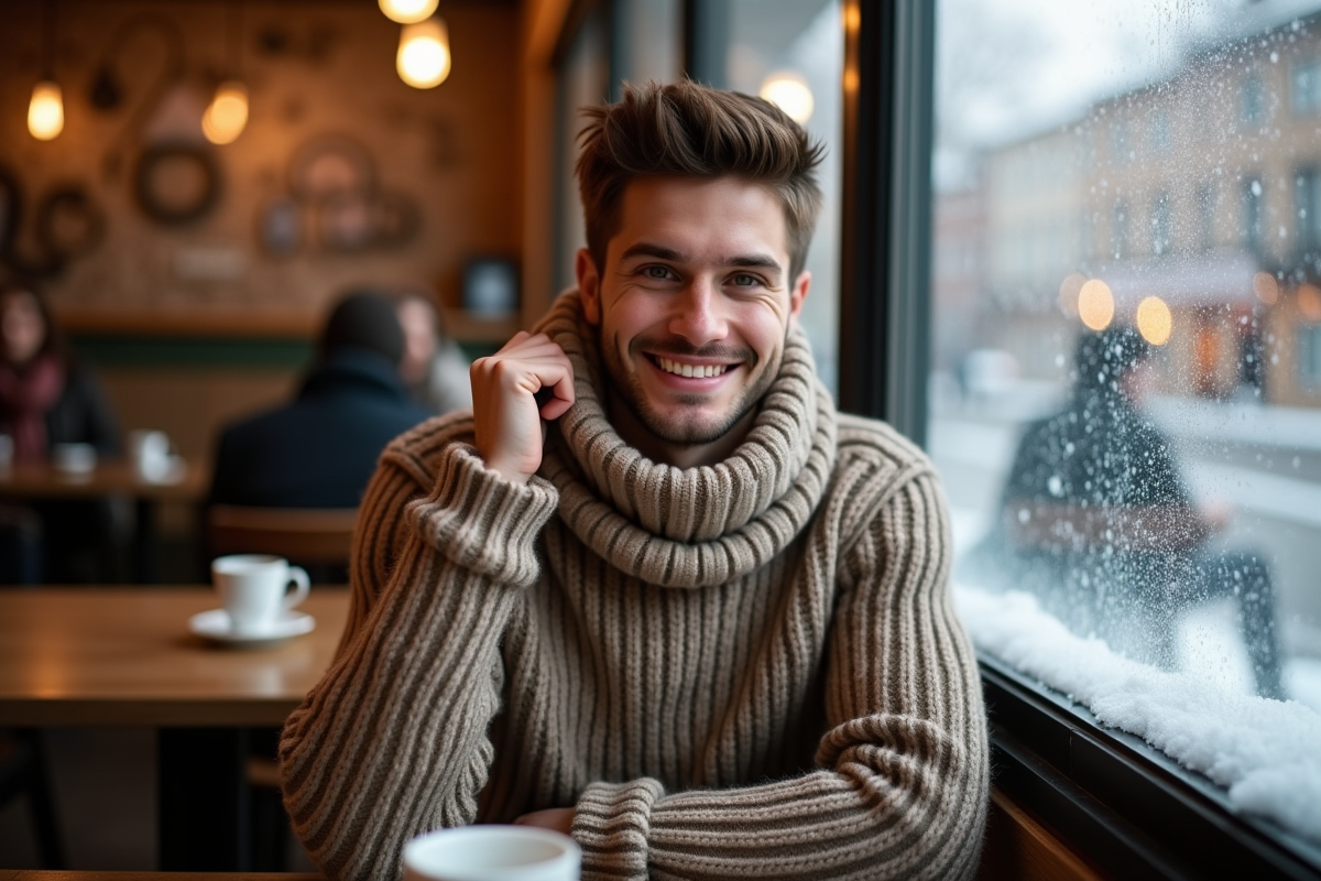 Jeune homme souriant dans un café avec foulard chaud