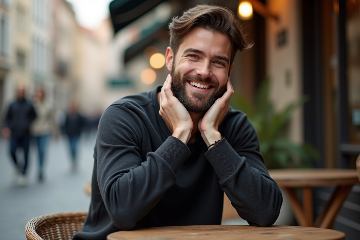 Jeune homme barbu souriant au café en plein air
