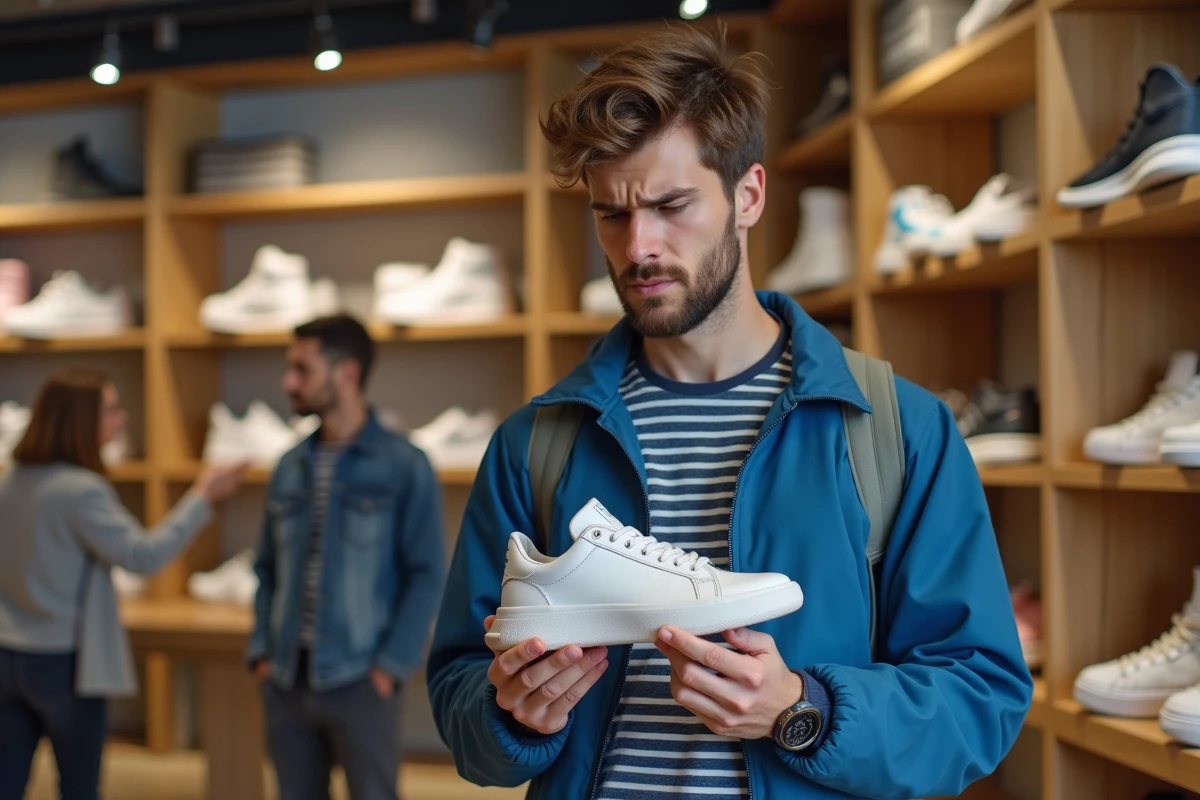 Jeune homme examine une chaussure dans un magasin de chaussures