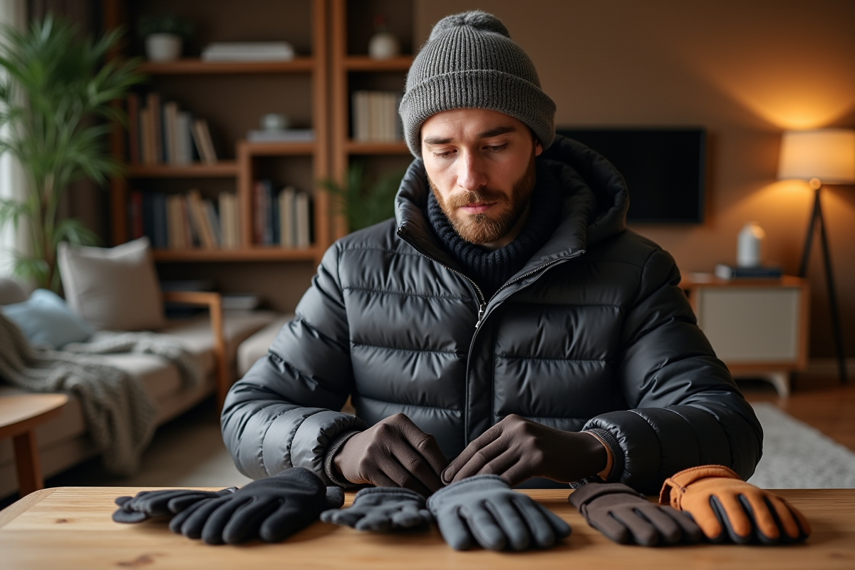 Jeune homme compare des gants dans un intérieur chaleureux