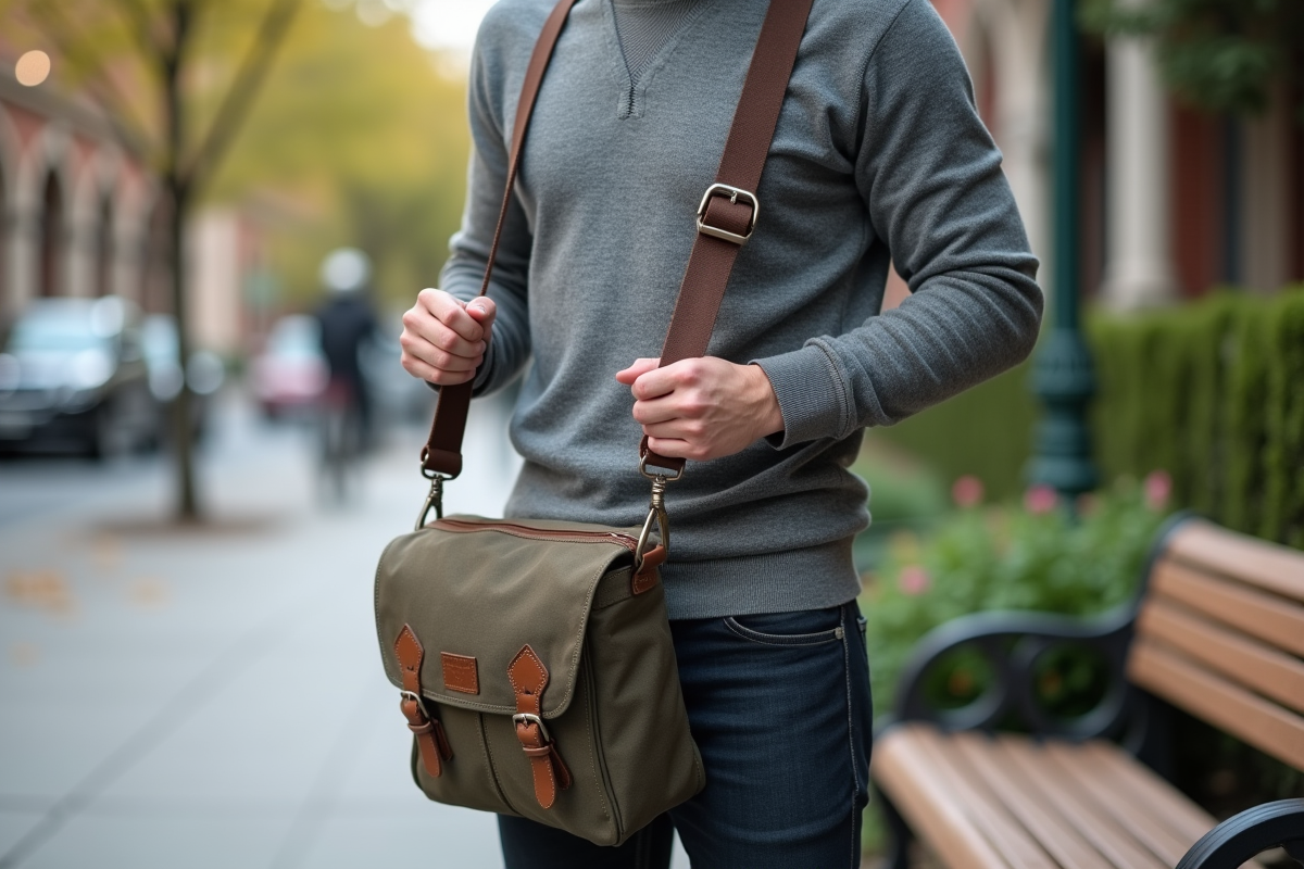 Jeune homme retirant la bandoulière d’un sac en toile urbain