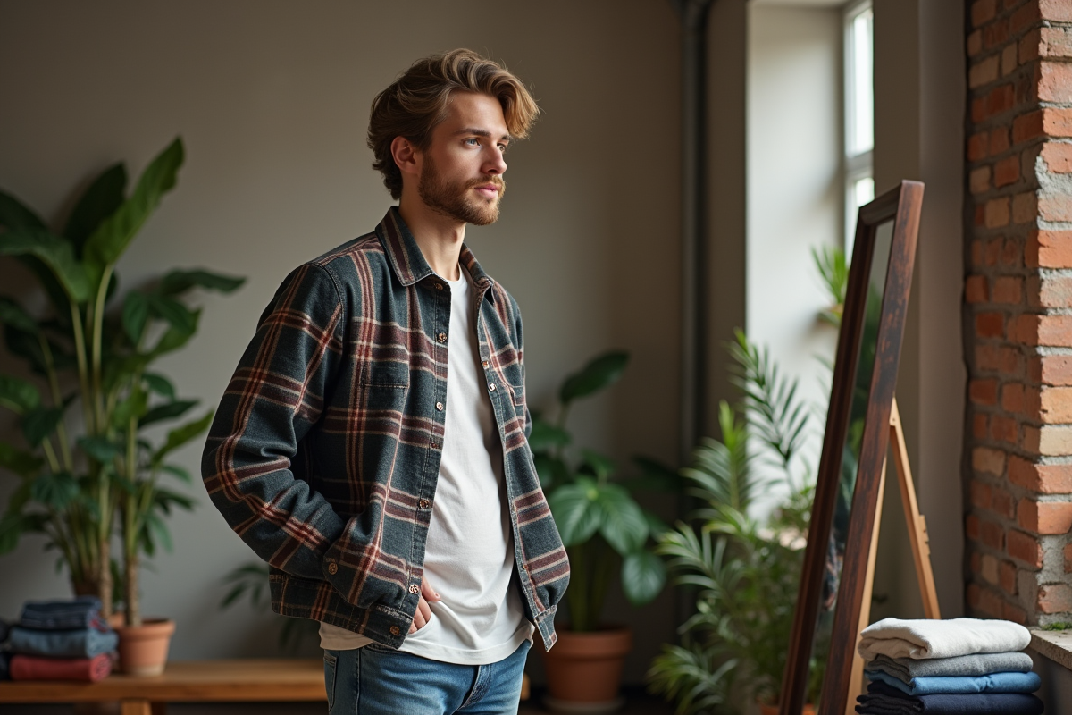 Jeune homme essayant des tenues dans un loft créatif