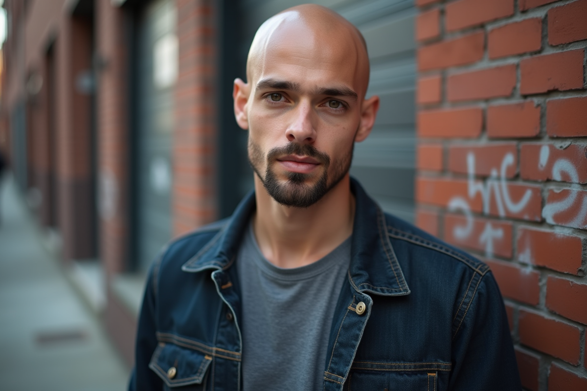Jeune homme chauve avec barbe dans la rue devant un mur graffiti