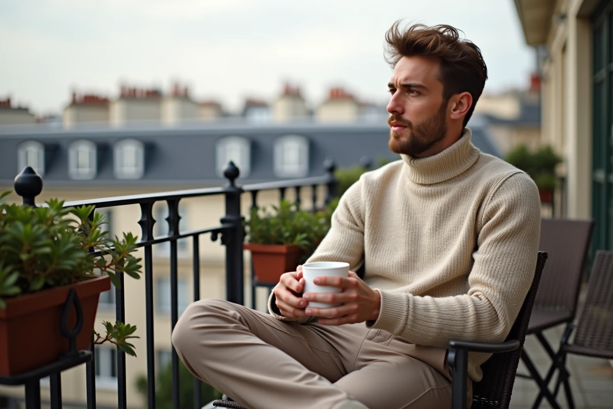 Jeune homme détendu avec café sur une terrasse parisienne