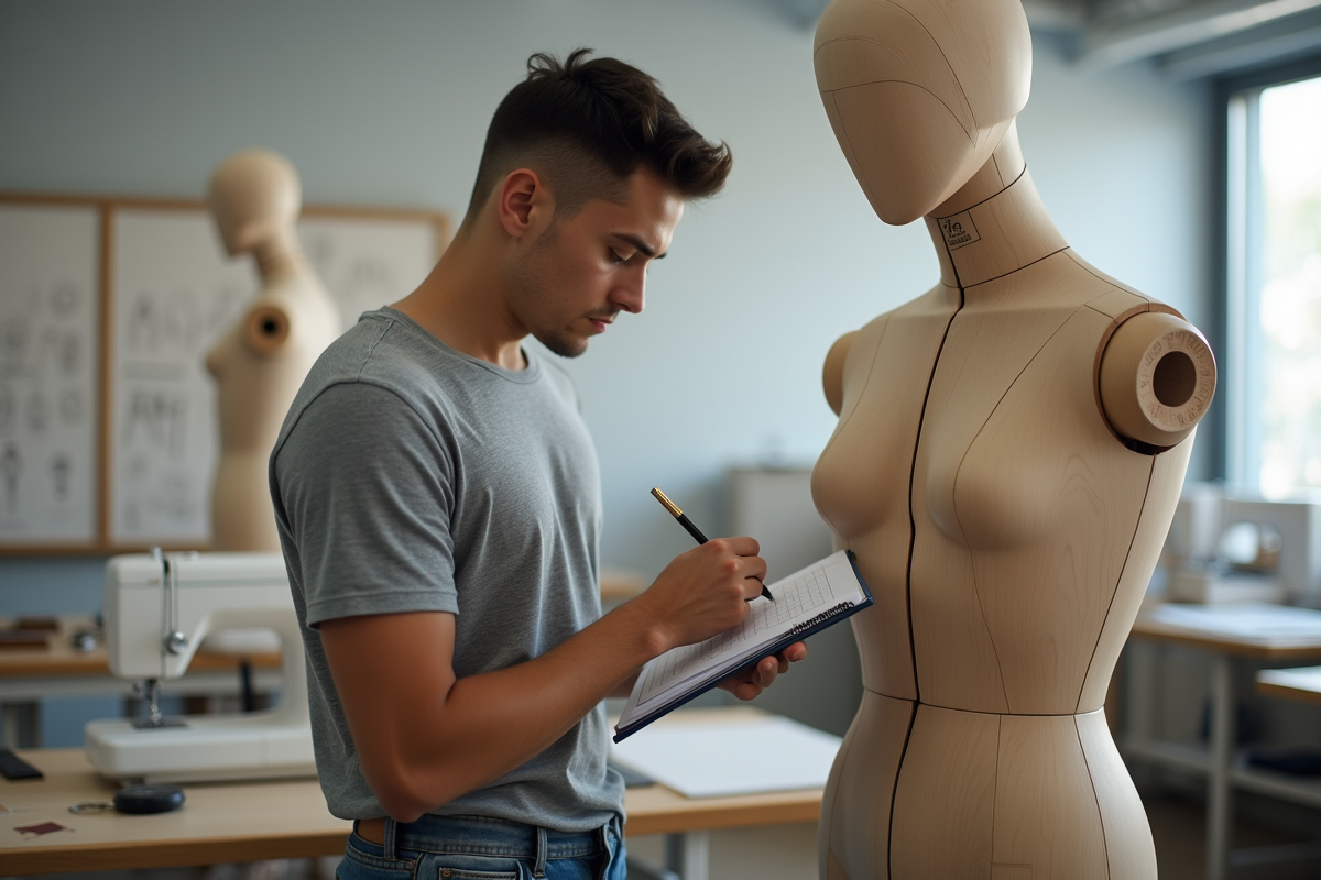 Jeune stagiaire mesure un mannequin en classe de couture