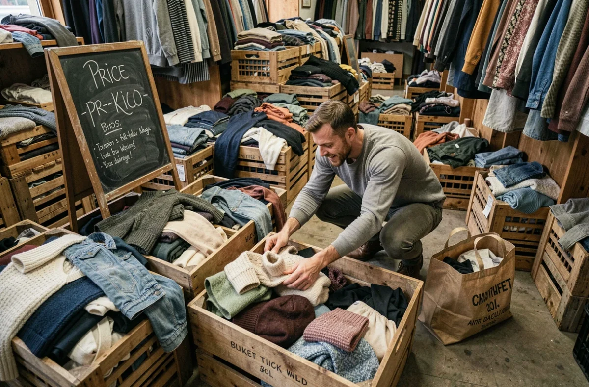KiloShop Marseille, boutique vintage au poids avec des bacs de vêtements en vrac et un client qui fouille parmi les pièces