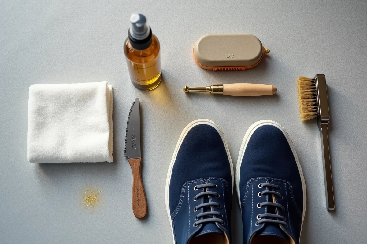 Kit de nettoyage pour daim avec brosse, gomme, spray imperméabilisant et sneaker en daim marine