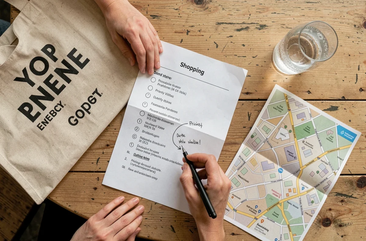Vue aérienne d'une liste de magasins annotée à la main pour préparer un itinéraire au Village des Marques de Miramas