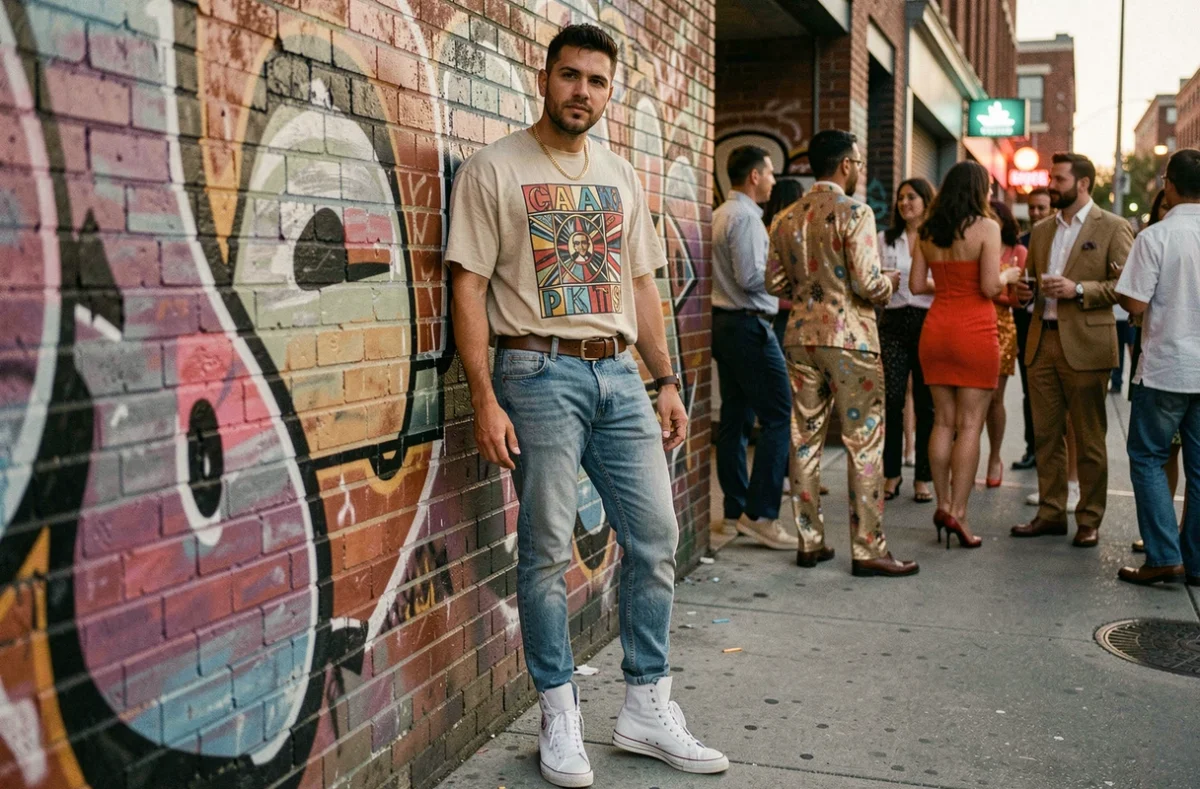 Homme en look casual années 80 avec t-shirt graphique et jean acid-wash dans une rue urbaine