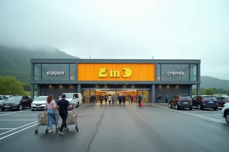 Façade extérieure du magasin Dancharia près de la frontière franco-espagnole avec parking et clients