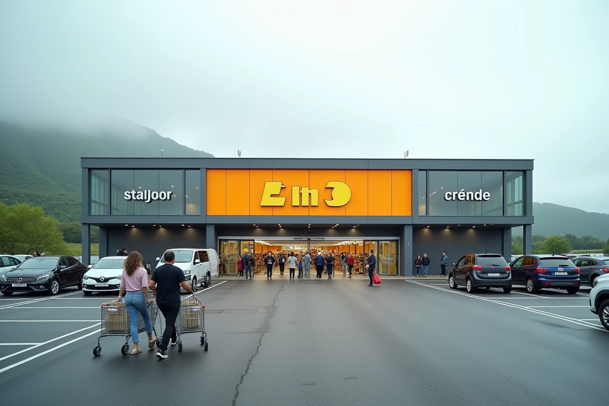 Façade extérieure du magasin Dancharia près de la frontière franco-espagnole avec parking et clients