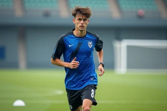 Joueur de football portant un maillot Blue Lock bleu et noir lors d'un entraînement sur terrain gazonné professionnel