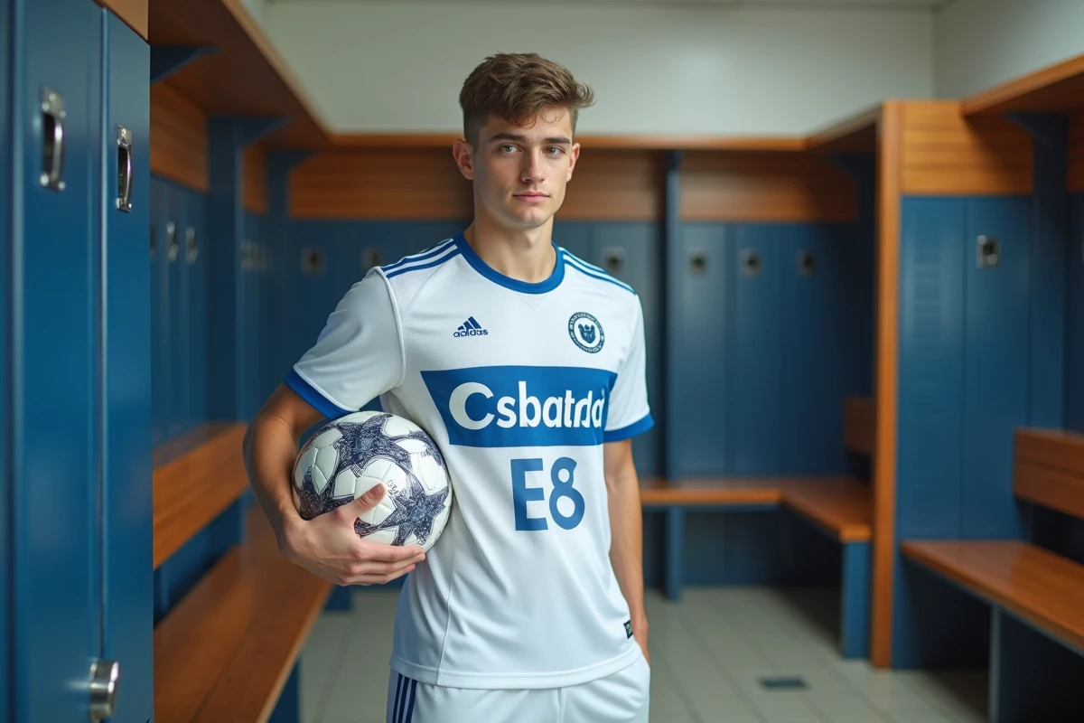 Jeune footballeur en maillot Blue Lock blanc et bleu posant dans un vestiaire de club sportif avec ballon sous le bras