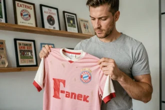 Homme tenant un maillot collector Bayern Munich vintage en examinant les détails brodés et le badge authentique