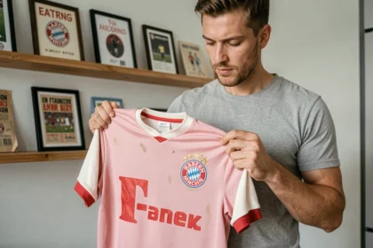 Homme tenant un maillot collector Bayern Munich vintage en examinant les détails brodés et le badge authentique