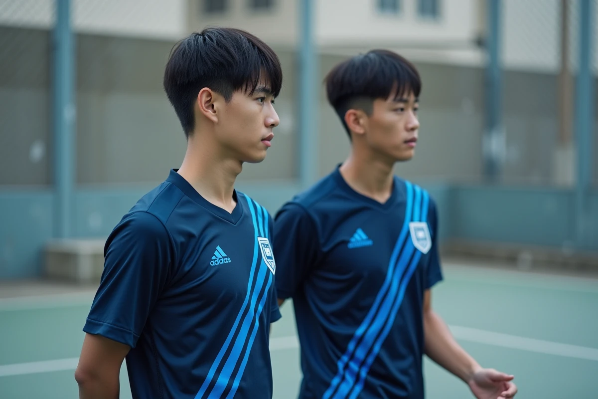Deux footballeurs en maillots Blue Lock marine et bleu électrique s'échauffant sur un terrain de foot urbain en plein air