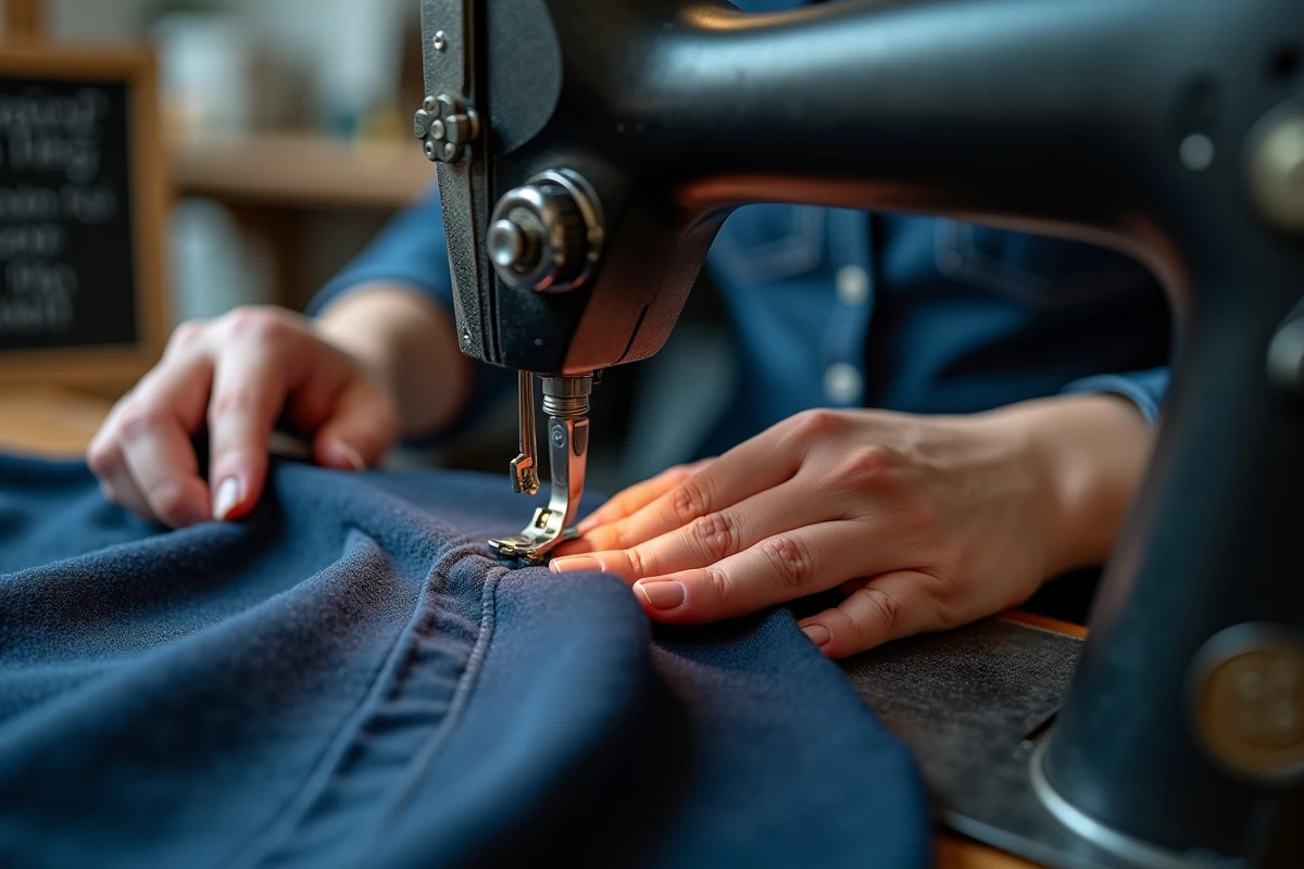 Gros plan sur les mains d'une couturière guidant du tissu sous une machine à coudre industrielle avec un tarif de retouche visible en arrière-plan