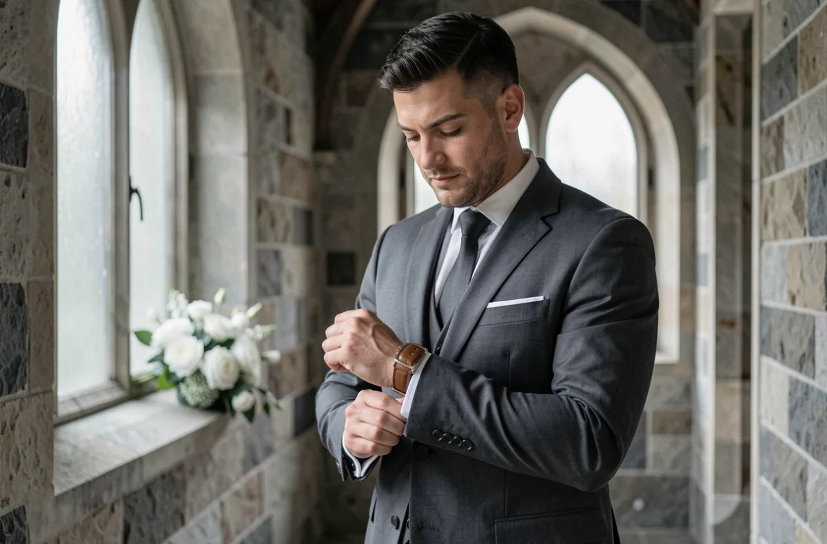 Marié ajustant son bracelet en cuir cognac personnalisé dans un couloir de chapelle élégante le jour du mariage