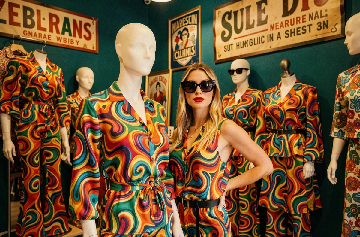 Mélanine Vintage à Marseille, boutique rétro affirmée avec des mannequins en tenues années 70 et une cliente au style vintage assumé