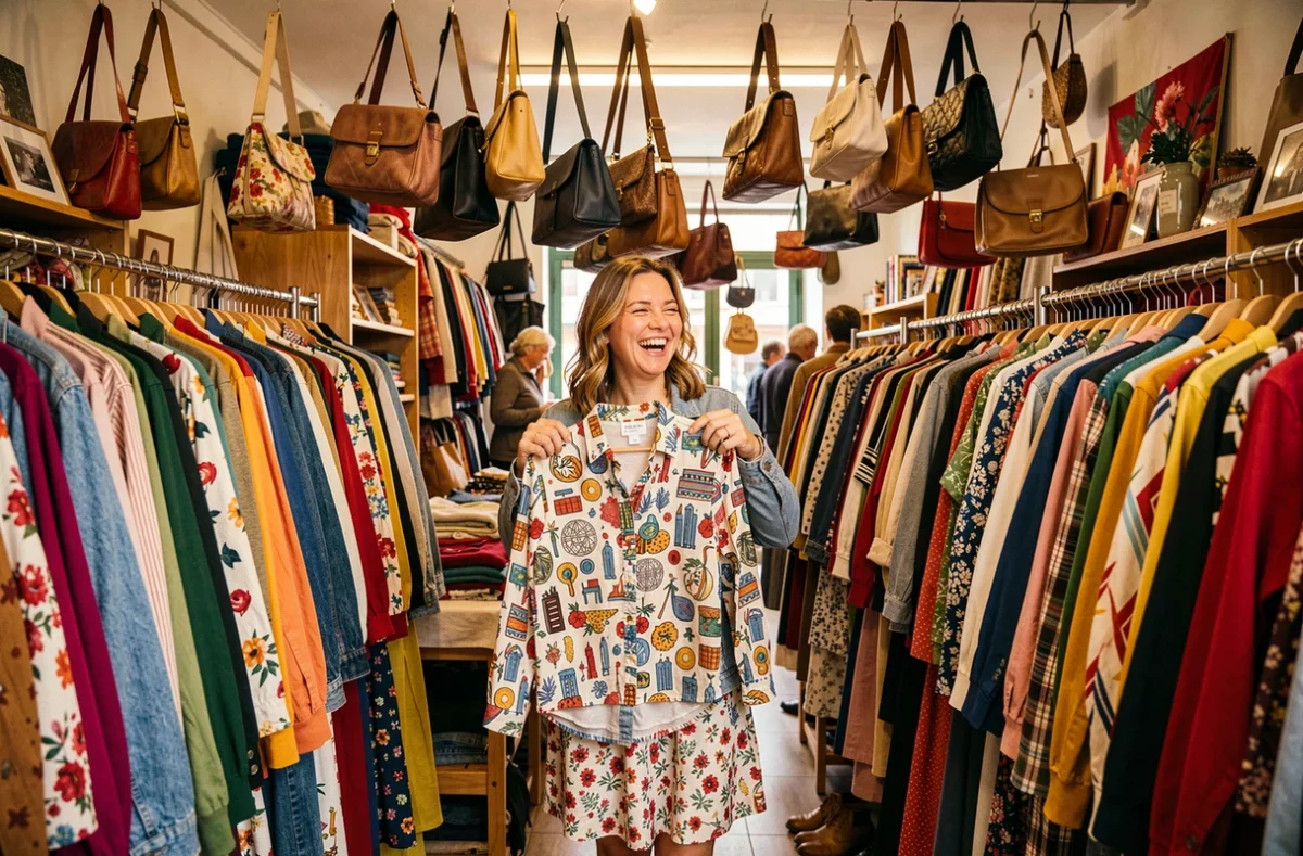 Intérieur de Merguez Fripe à Marseille, friperie éclectique et accessible avec des portants colorés et une ambiance joyeuse