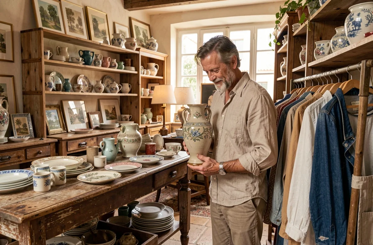 Mocco en Provence, boutique vintage et chine stylée avec des vêtements, céramiques et objets de collection dans un cadre brocante raffiné