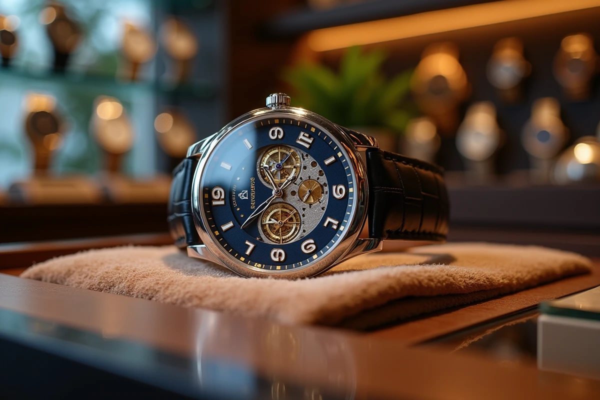 Montre mécanique squelettée de luxe en platine posée sur velours dans une boutique horlogère haut de gamme