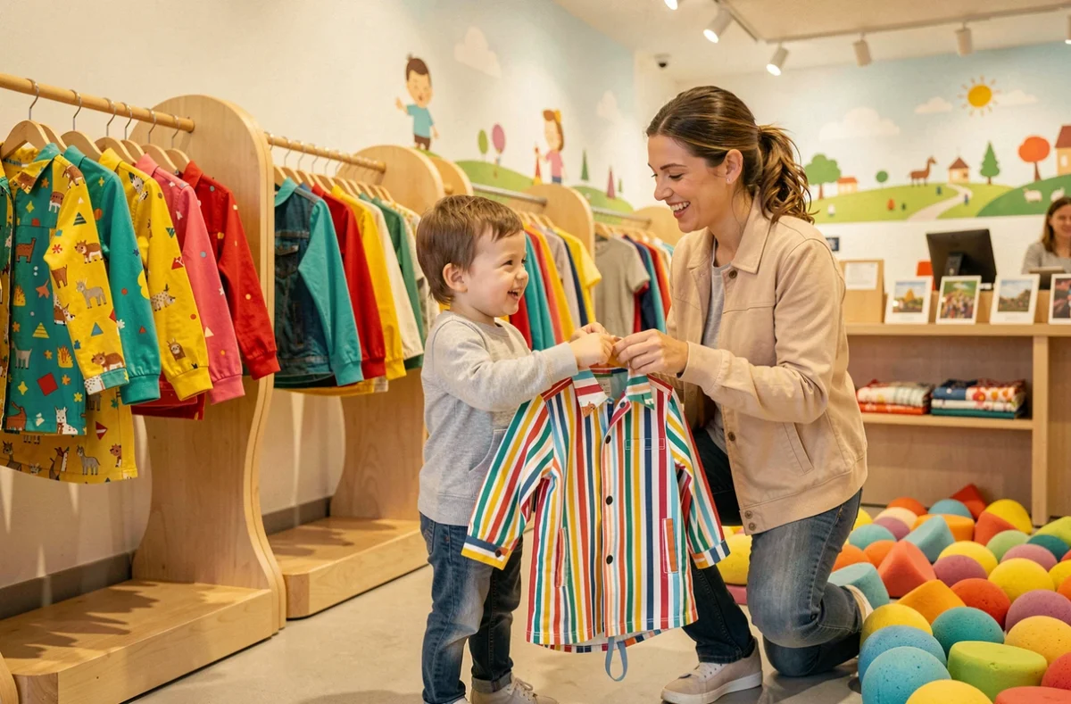 Intérieur coloré de la boutique Okaïdi-Obaïbi à Rouen, avec une mère et son tout-petit découvrant des vêtements pour enfants aux motifs joyeux sur des portants adaptés à leur taille